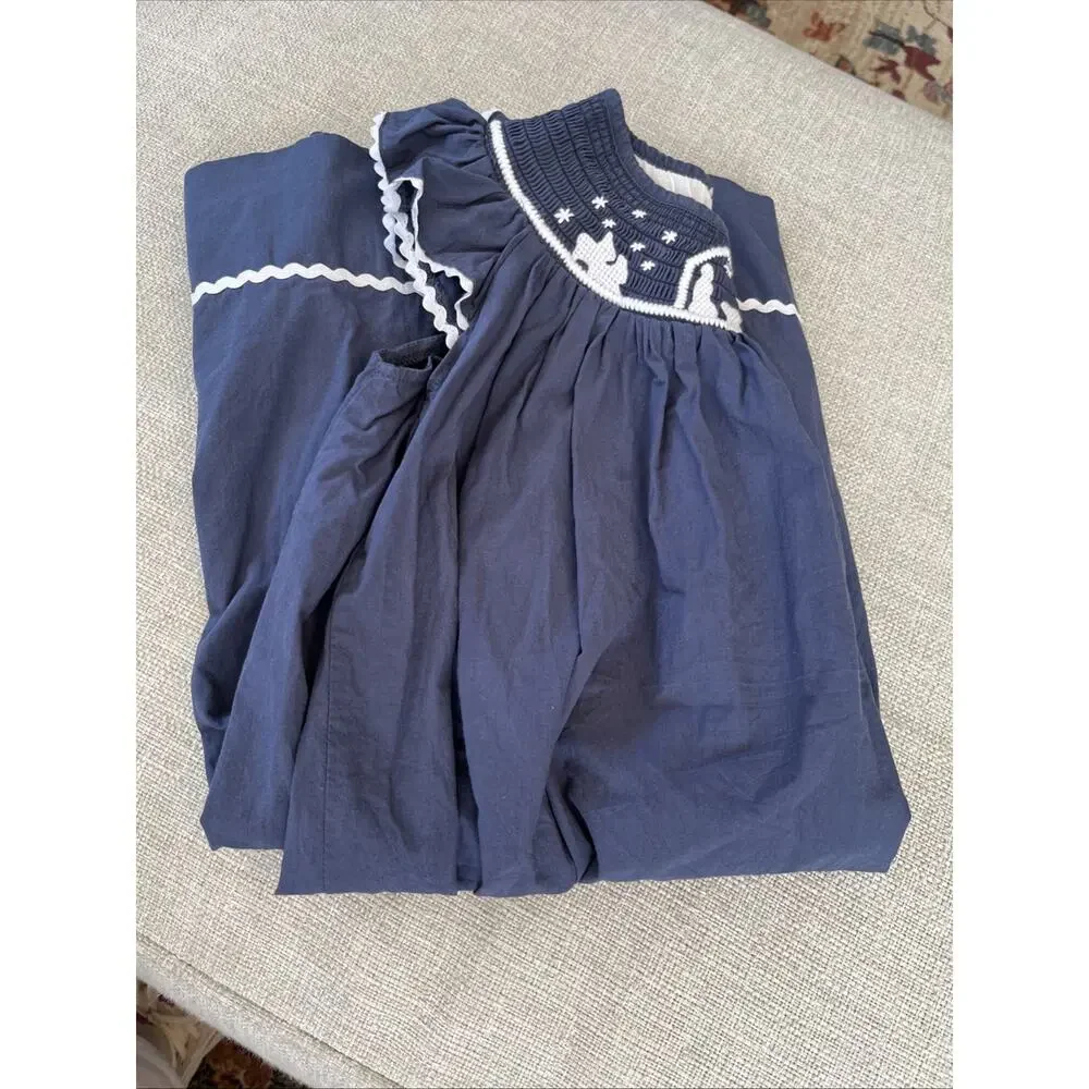 Lil Cactus Embroidered Cotton Smocked Bishop Dress 5Y Navy Blue Christmas Jesus